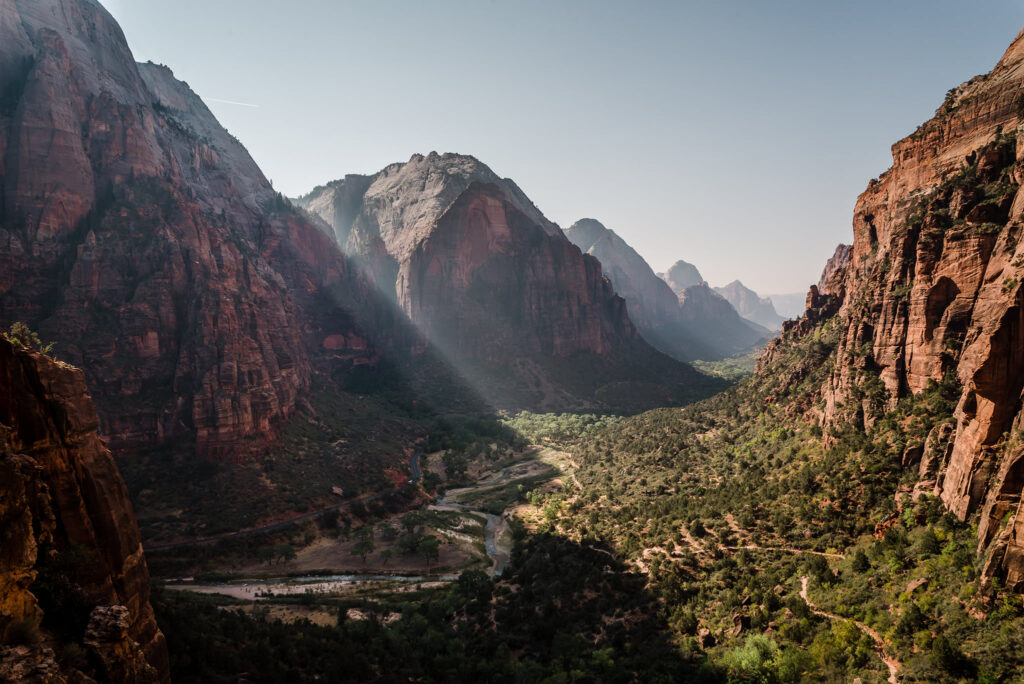 Landscape view of large canyon and mountains in Zion National Park, Utah. The perfect place for an adventure elopement
