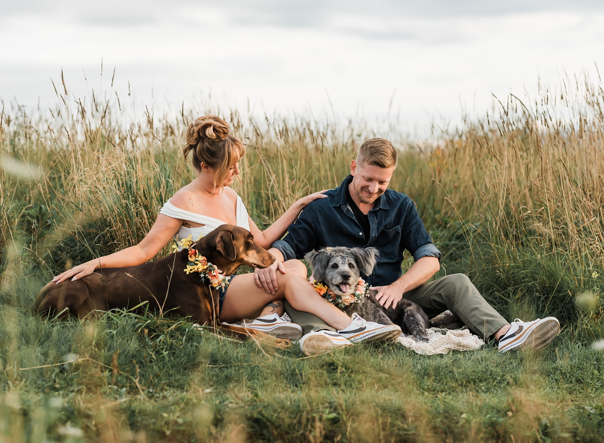 A man and woman sit on a blanket with their dogs and pet them at their engagement session at Max Patch in North Carolina.