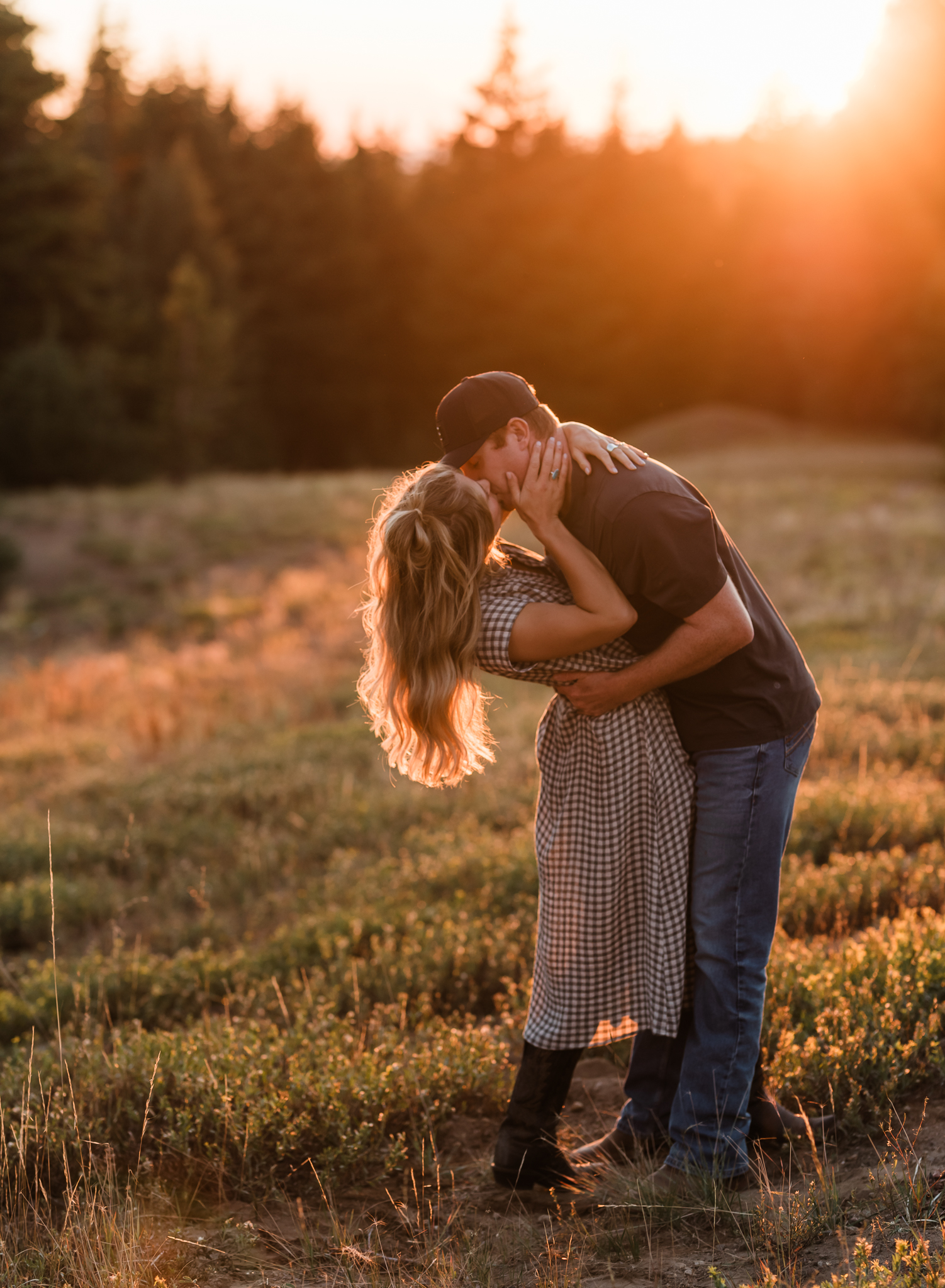 A couple kissing in a field at golden hour  